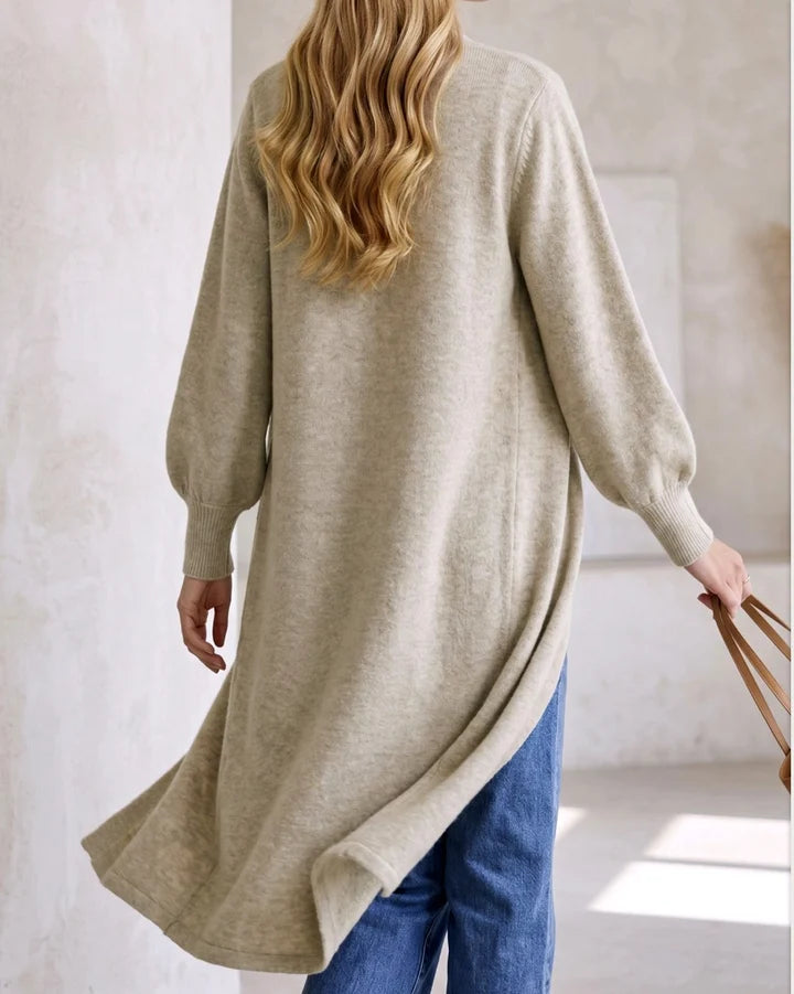 Women's Heathered Knit Sweater Dress with Puff Sleeves and Ribbed Cuffs