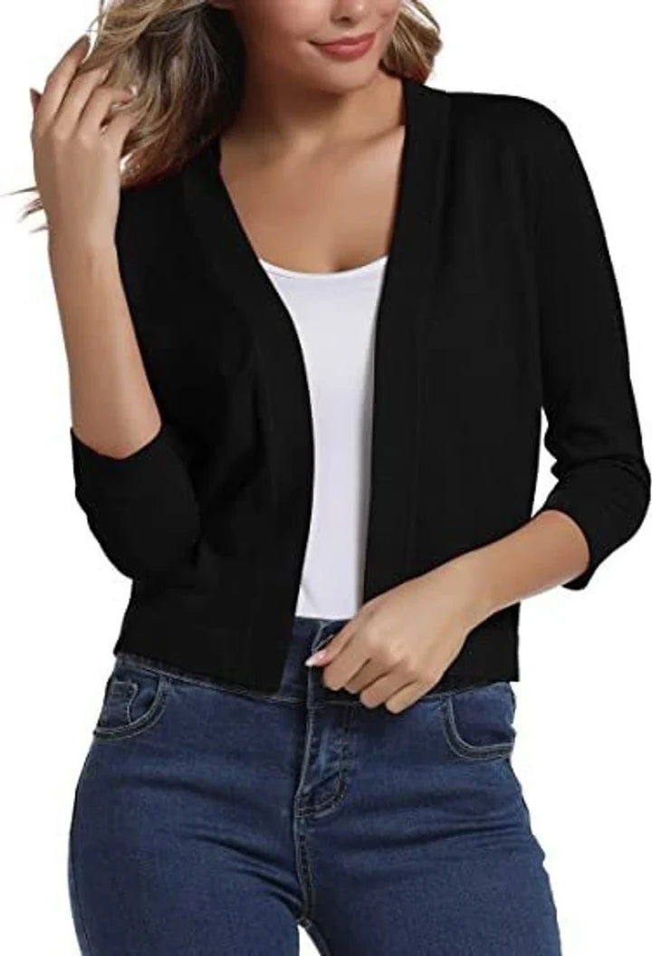 Women’s Cropped Open-Front Cardigan with Relaxed Fit and 3/4 Sleeves