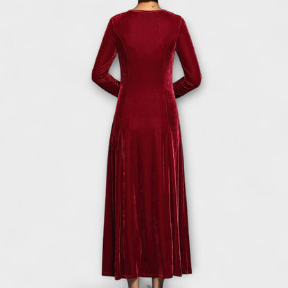 Women's Velvet A-Line Dress with Long Sleeves and Scoop Neck
