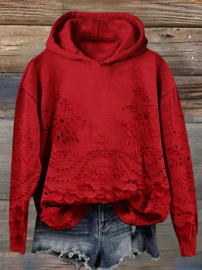Women’s Floral Eyelet Scalloped Hem Pullover Hoodie