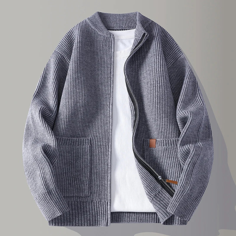 Men’s Vertical Rib Knit Pullover with Stand Collar