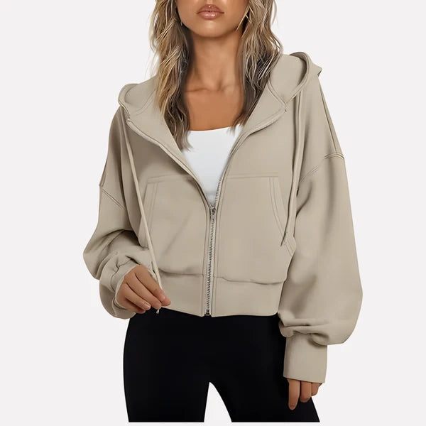 Women’s Cropped Zip-Up Hooded Jacket with Drawstring Detail