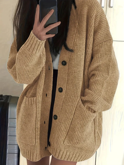 Women’s Oversized Ribbed Knit Button-Front Cardigan with Patch Pockets