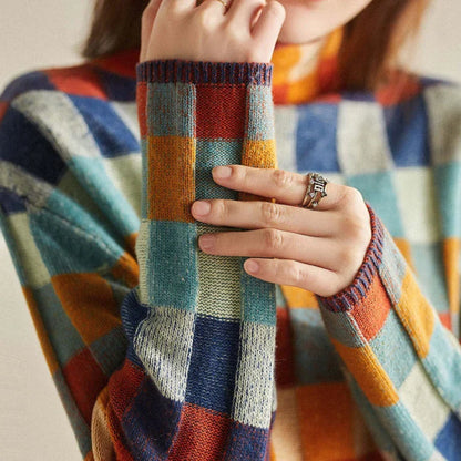 Women’s Oversized Multicolor Plaid Pattern Knit Sweater