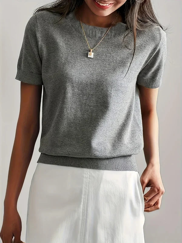 Women’s Lightweight Short-Sleeve Crew Neck Knit Top with Ribbed Trim