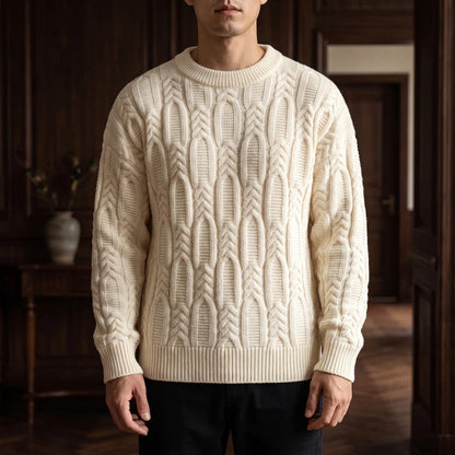 Textured Cable Knit Relaxed Crew Neck Sweater