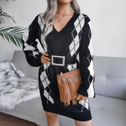 Women's Printed V-Neck Knit Mini Sweater Dress with Long Sleeves