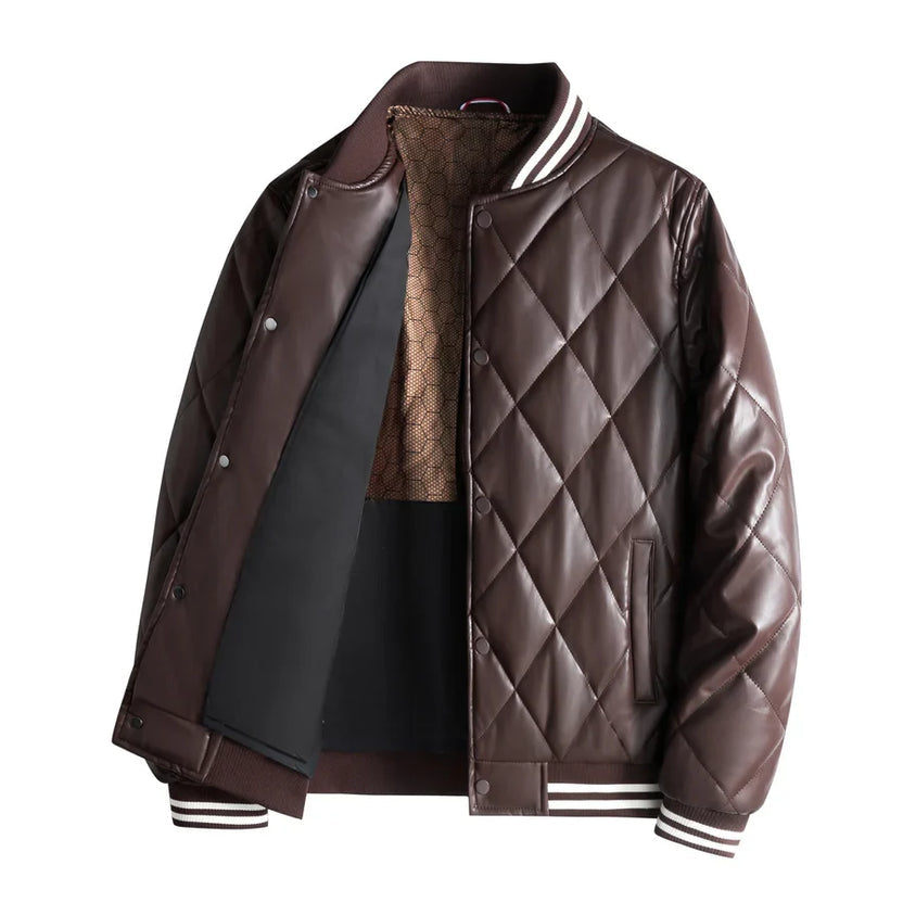Men’s Quilted Leather Snap-Front Bomber Jacket