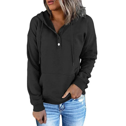 Women’s Relaxed Button-Placket Hooded Pullover with Kangaroo Pocket