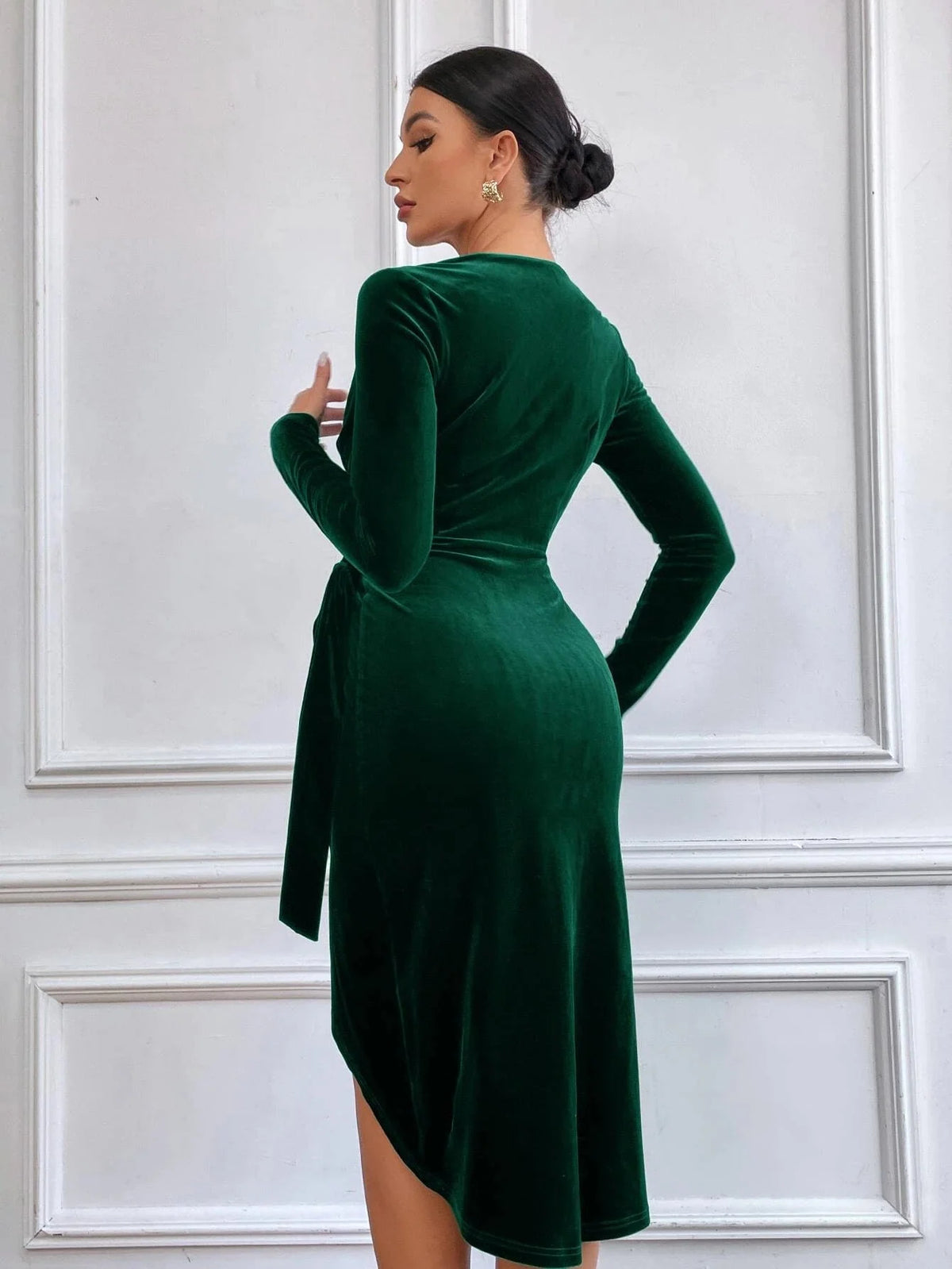 Women's Royal Blue Velvet Cowl-Neck Wrap Midi Dress
