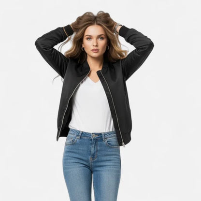Women’s Minimalist Zip-Front Bomber Jacket with Round Neck