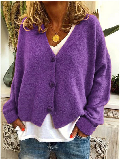 Women’s Cropped V-Neck Smooth Knit Button Cardigan