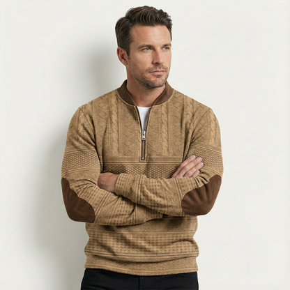Men’s Textured Half-Zip Knit Sweater with Elbow Patches