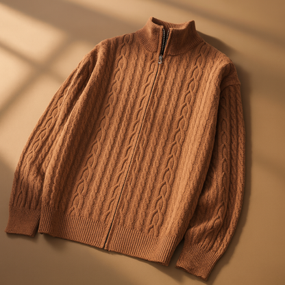 Men’s Textured Knit Two-Way Zip High-Collar Cardigan