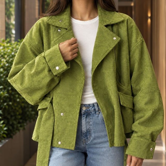 Cropped Belted Moto-Inspired Jacket with Flap Pockets