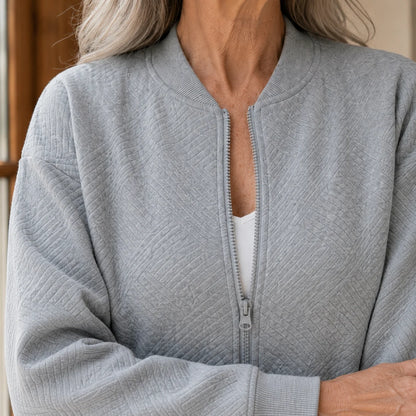Women’s Relaxed Textured Zip Jacket with Ribbed Trim