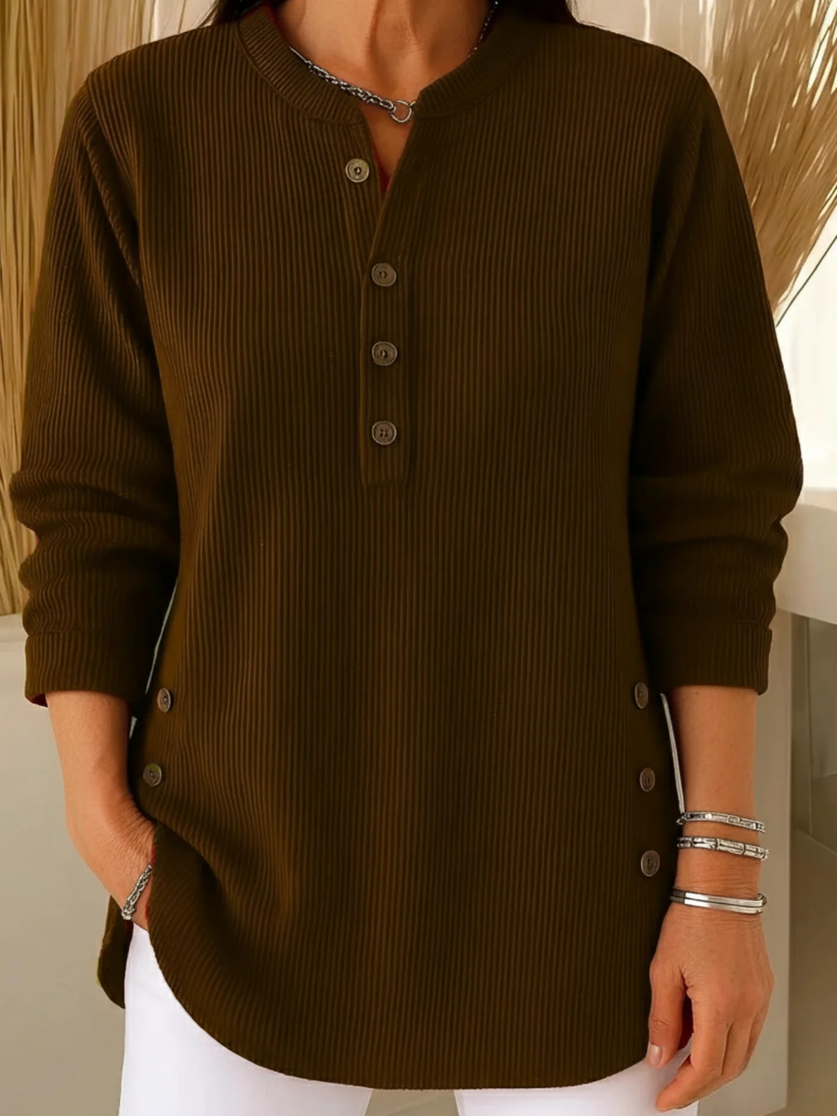 Women’s Soft Lightweight Knit Sweater with Button Neck Detail