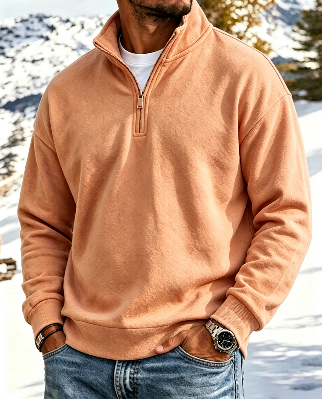Men’s Cotton Relaxed Zip-Front Polo Sweatshirt