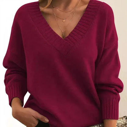 Women’s Cashmere Deep V-Neck Relaxed Sweater with Balloon Sleeves