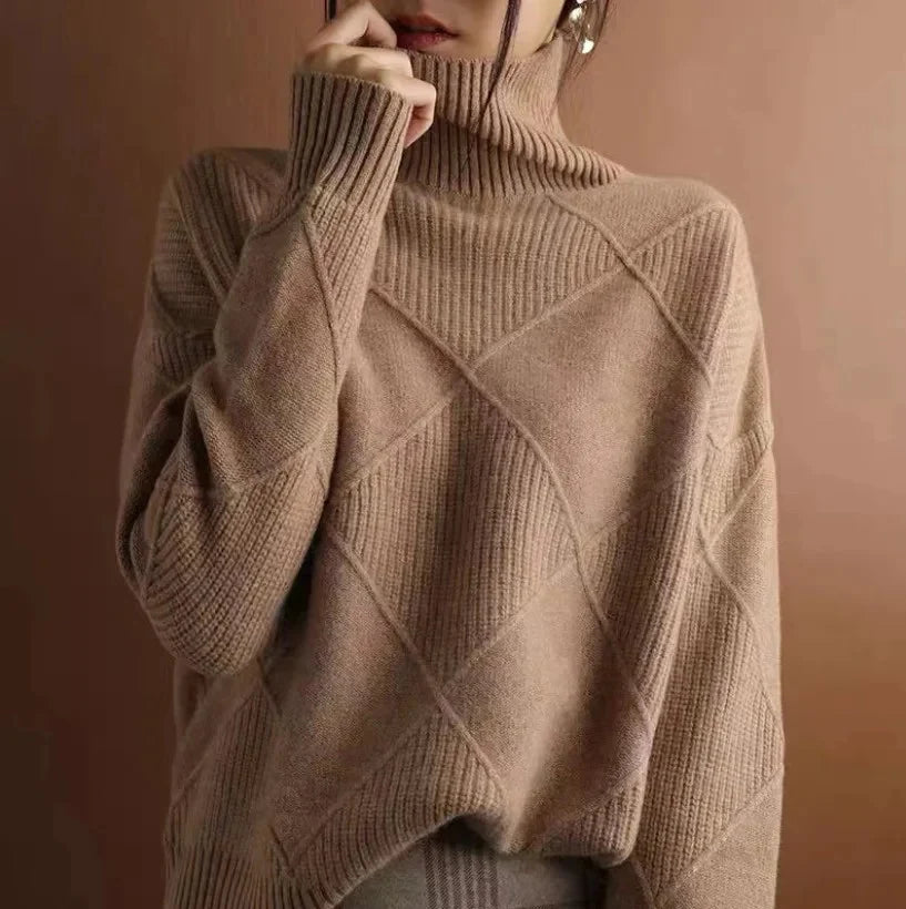Women’s Textured Geometric High-Neck Relaxed Knit Sweater