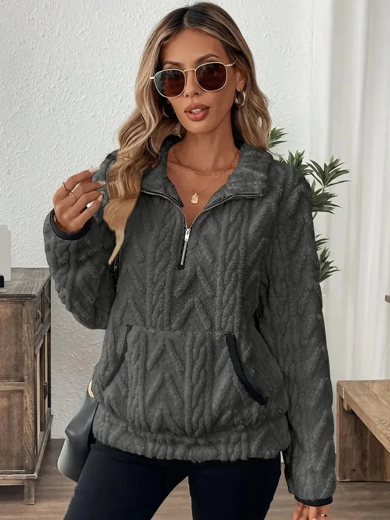 Women’s Cable-Textured Fleece Quarter-Zip Pullover with Kangaroo Pocket