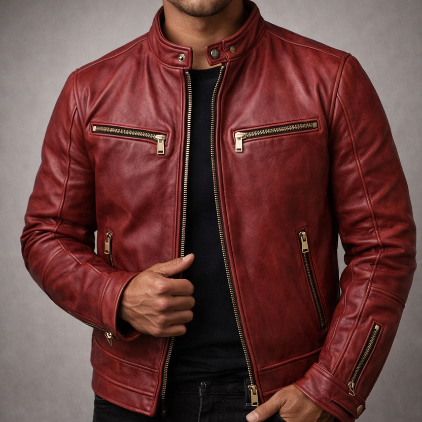 Men’s Distressed Leather Moto Jacket with Zip Pockets