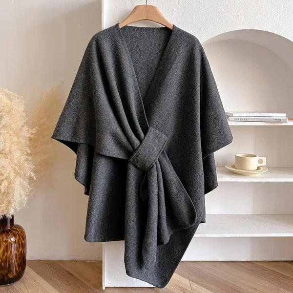 Women’s Windproof Belted Cape Coat with Draped Silhouette