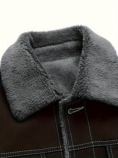 Men’s Fleece-Lined Washed Denim Jacket with Lapel Collar