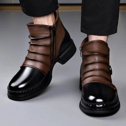 Men’s Leather Ankle Boots with Layered Fold and Buckle Detail