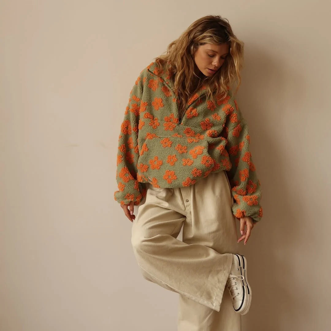 Women’s Floral Print Stand Collar Quarter-Zip Sweater