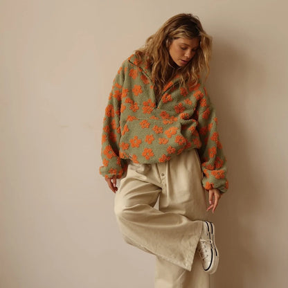 Women’s Floral Print Stand Collar Quarter-Zip Sweater