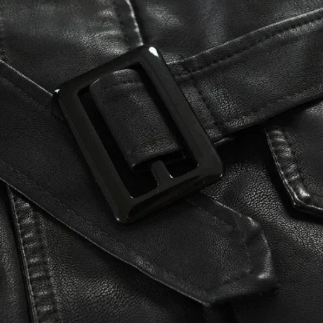 Men’s Longline Buckled Stand-Collar Biker Jacket