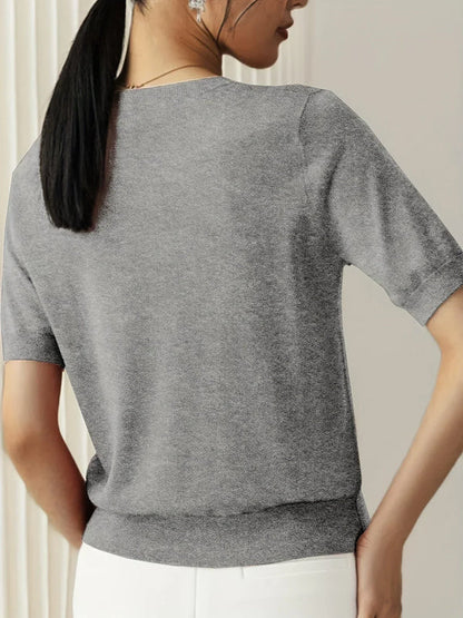 Women’s Lightweight Short-Sleeve Crew Neck Knit Top with Ribbed Trim