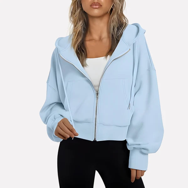 Women’s Cropped Zip-Up Hooded Jacket with Drawstring Detail