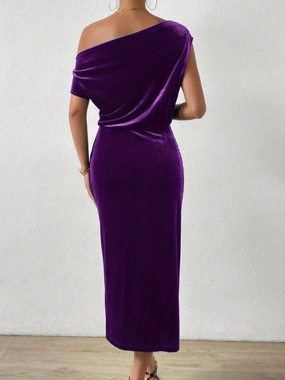 Women's Velvet Cowl Neck Midi Dress with Relaxed Fit