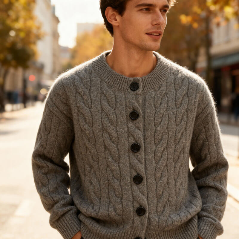 Men’s Wool-Knit Shawl Collar Button Cardigan Coat