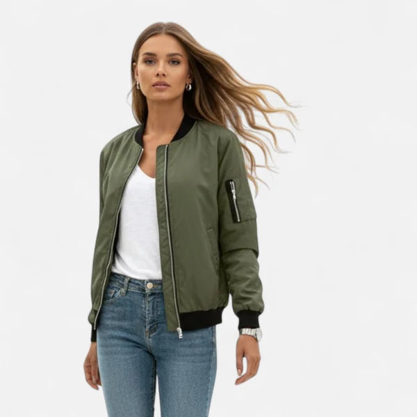 Women’s Minimalist Zip-Front Bomber Jacket with Round Neck