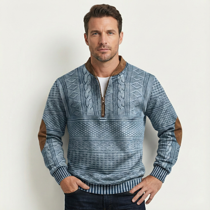 Men’s Textured Half-Zip Knit Sweater with Elbow Patches