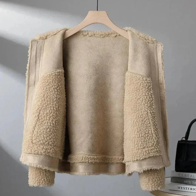 Women’s Plush Shearling Jacket with Oversized Patch Pockets