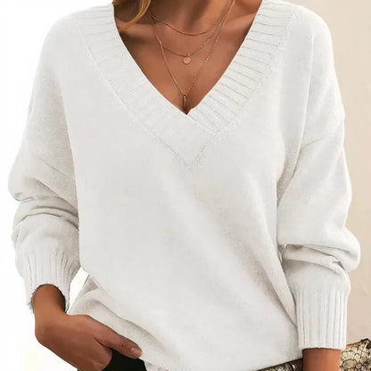 Women’s Cashmere Deep V-Neck Relaxed Sweater with Balloon Sleeves