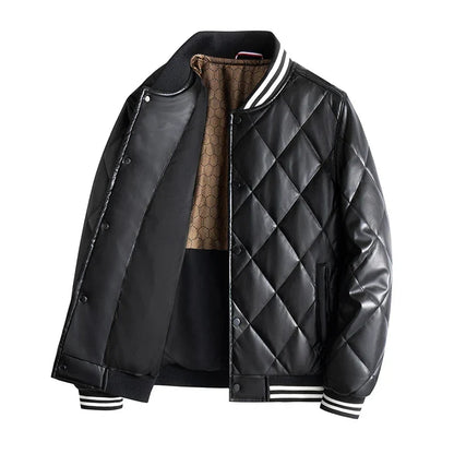 Men’s Quilted Leather Snap-Front Bomber Jacket