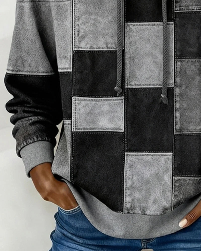 Women’s Checkered Patchwork Print Pullover Hoodie with Drawstring Hood