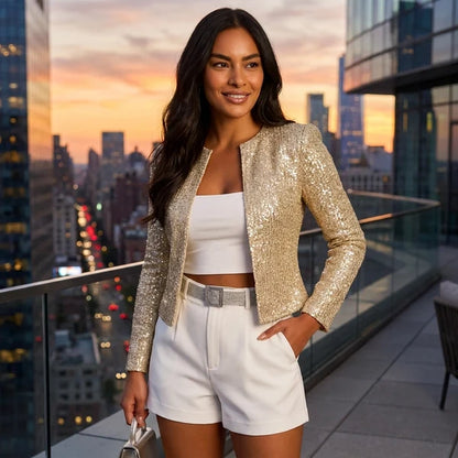 Women’s Cropped Sequin Open-Front Evening Blazer