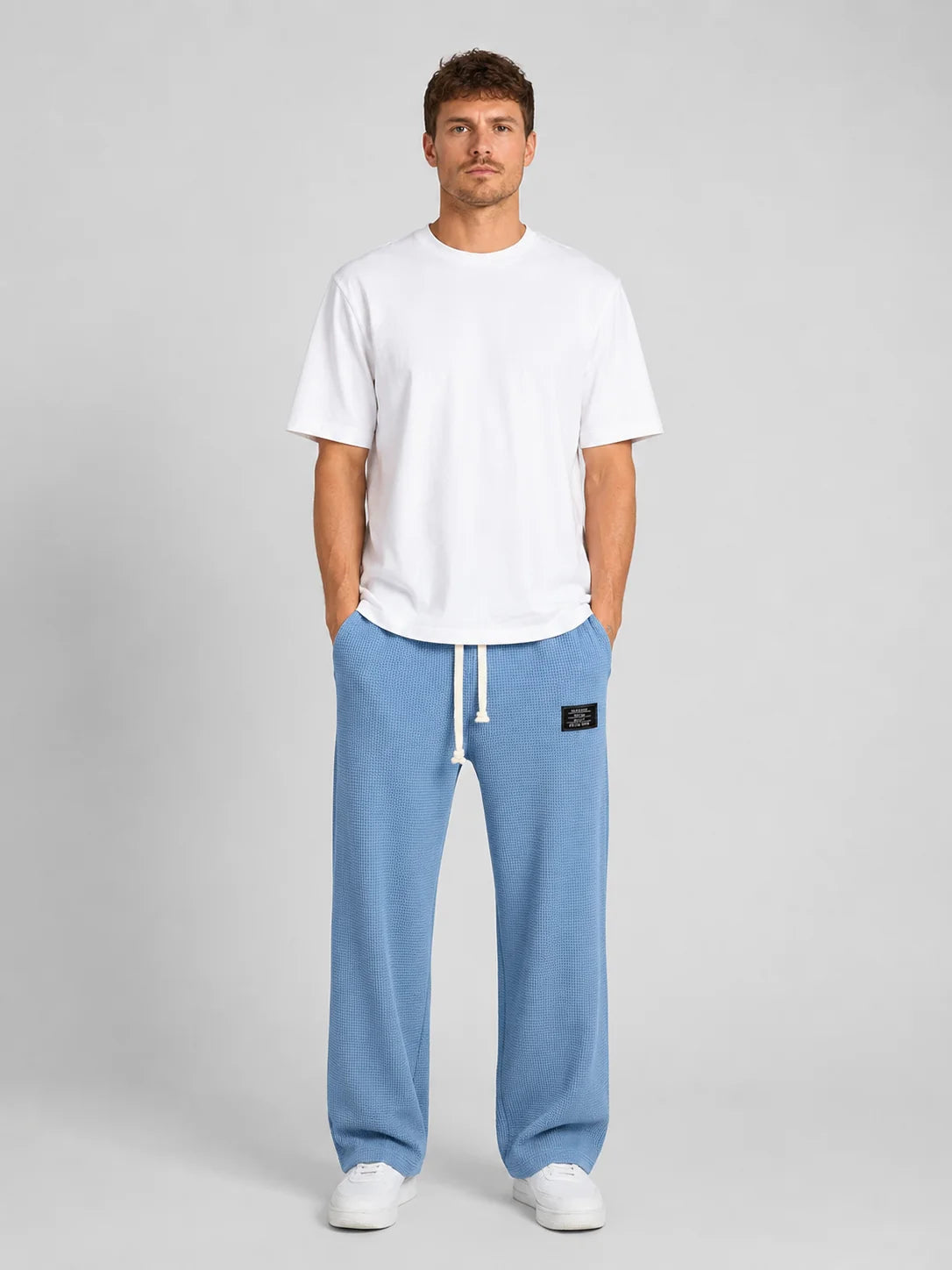 Men’s Textured Waffle Knit Trousers with Drawstring Waist