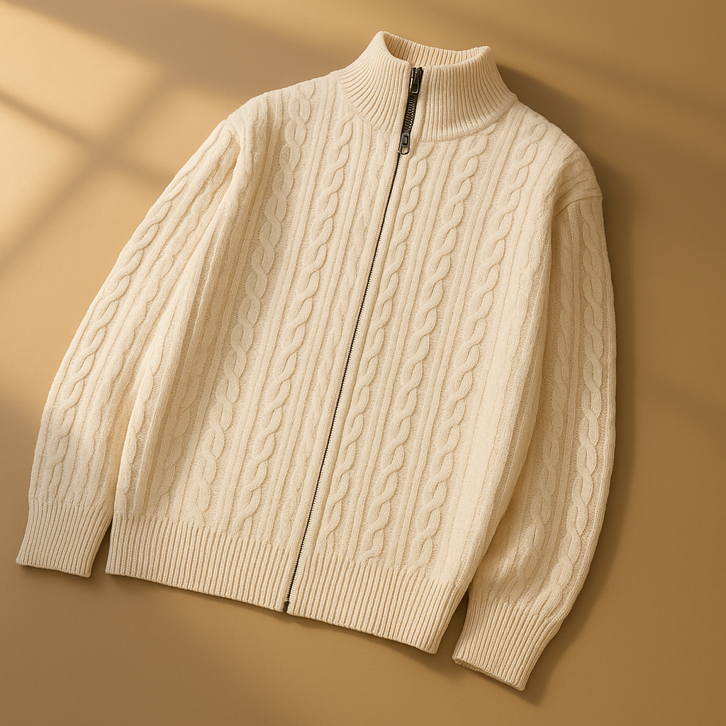 Men’s Textured Knit Two-Way Zip High-Collar Cardigan
