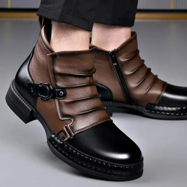 Men’s Leather Ankle Boots with Layered Fold and Buckle Detail