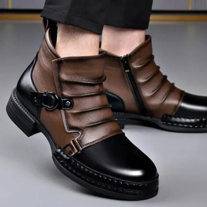 Men’s Leather Ankle Boots with Layered Fold and Buckle Detail