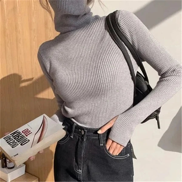 Women’s Soft Ribbed High-Neck Stretch Knit Sweater