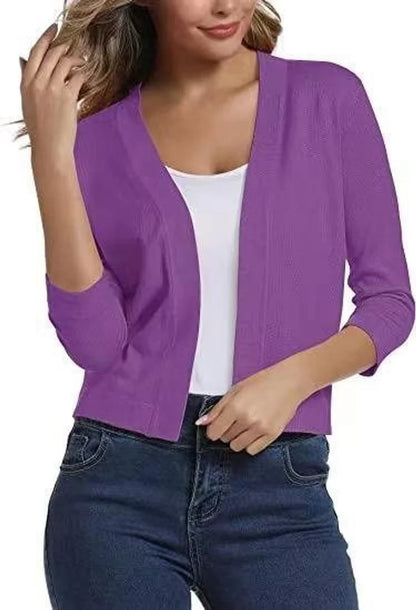 Women’s Cropped Open-Front Cardigan with Relaxed Fit and 3/4 Sleeves