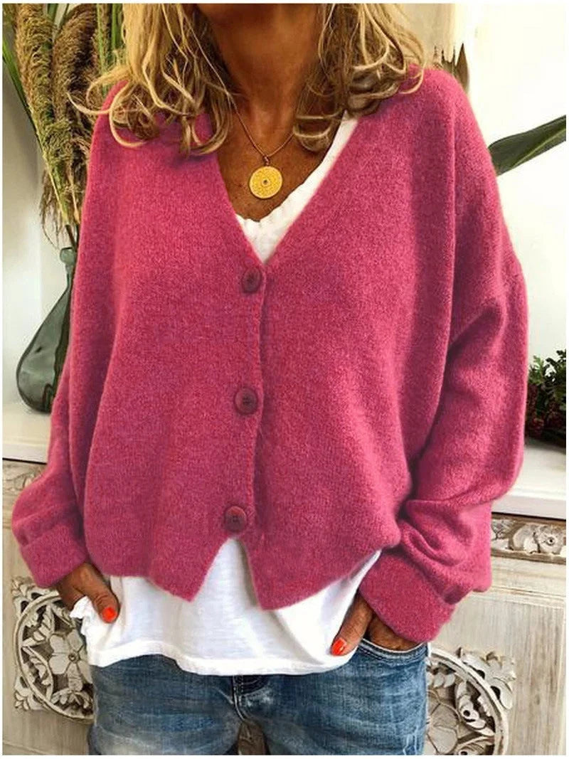 Women’s Cropped V-Neck Smooth Knit Button Cardigan